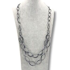 Gunmetal Gray Double Strand Oval Link Chain Layered Long Necklace Adjustable